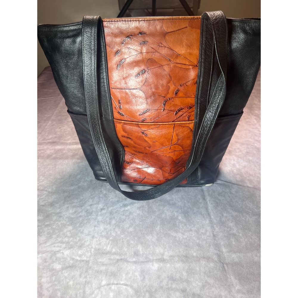 Leaf Leather Tote Bag Womens Large Black Brown Ginkgo Leaf GC Whiting 1996 USA